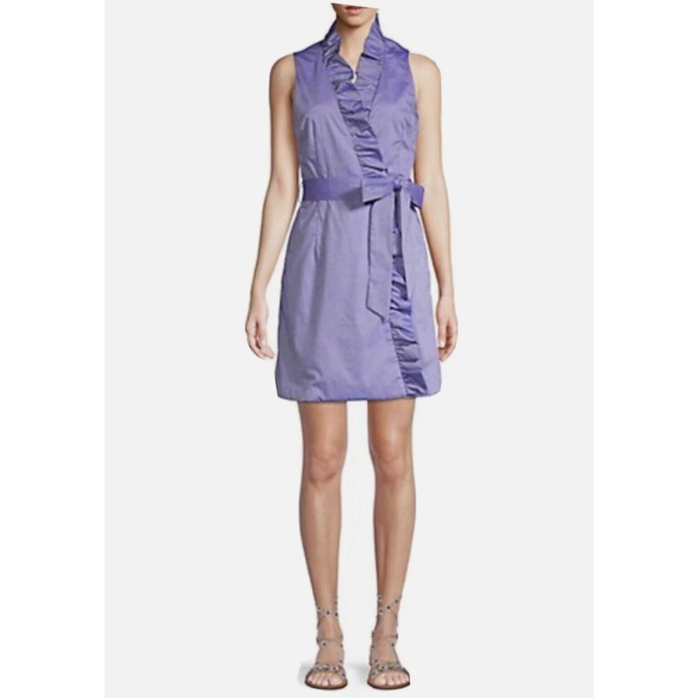 MILLY Ruffle Wrap Poplin Sleeveless Dress Womens 12 Blue Preppy Summer Brunch
